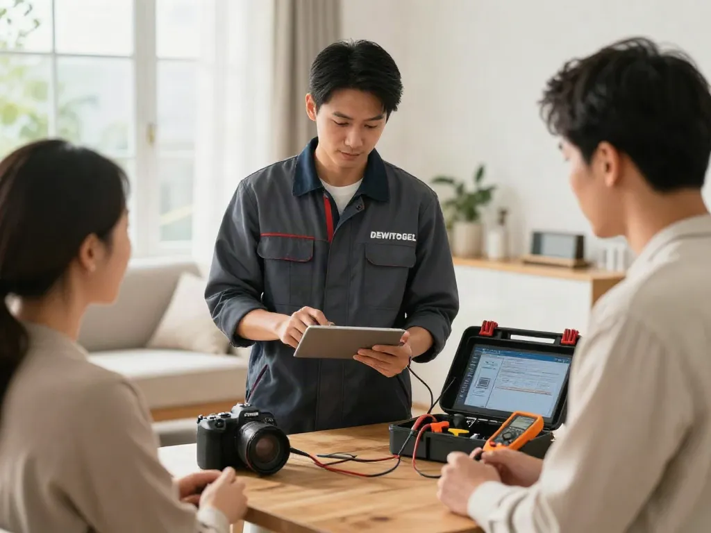 Teknisi DEWITOGEL memberikan layanan AC di rumah dengan tablet dan alat profesional.