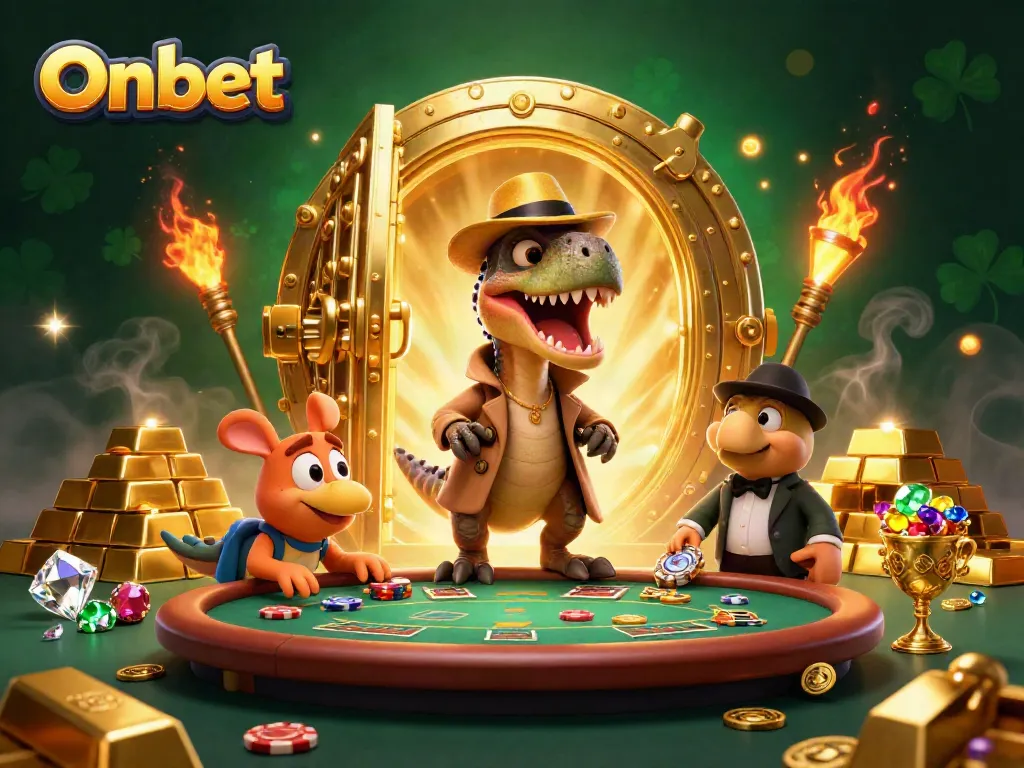 Experience the thrill of Onbet at a vibrant casino scene with animated characters engaging in games of chance.