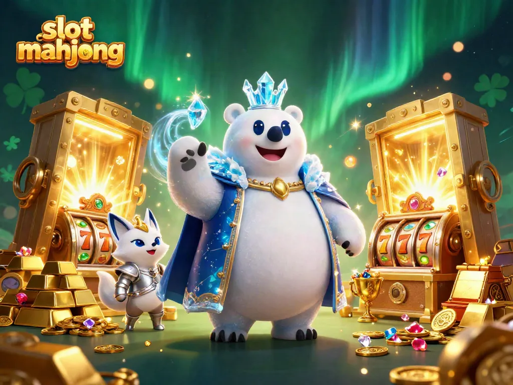 Experience the excitement of slot mahjong with vibrant characters and golden treasures in a dynamic 3D illustration.