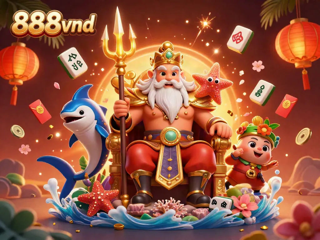 Engage with 888vnd as Neptune reigns over vibrant casino elements in a dynamic 3D illustration.