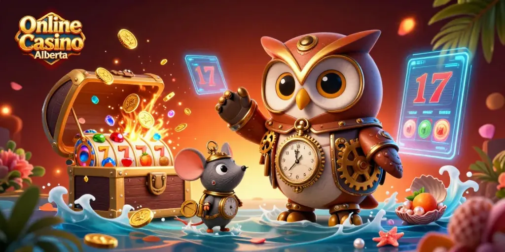 Experience thrilling gameplay at Online Casino Alberta with vibrant slot reels and dynamic casino elements.