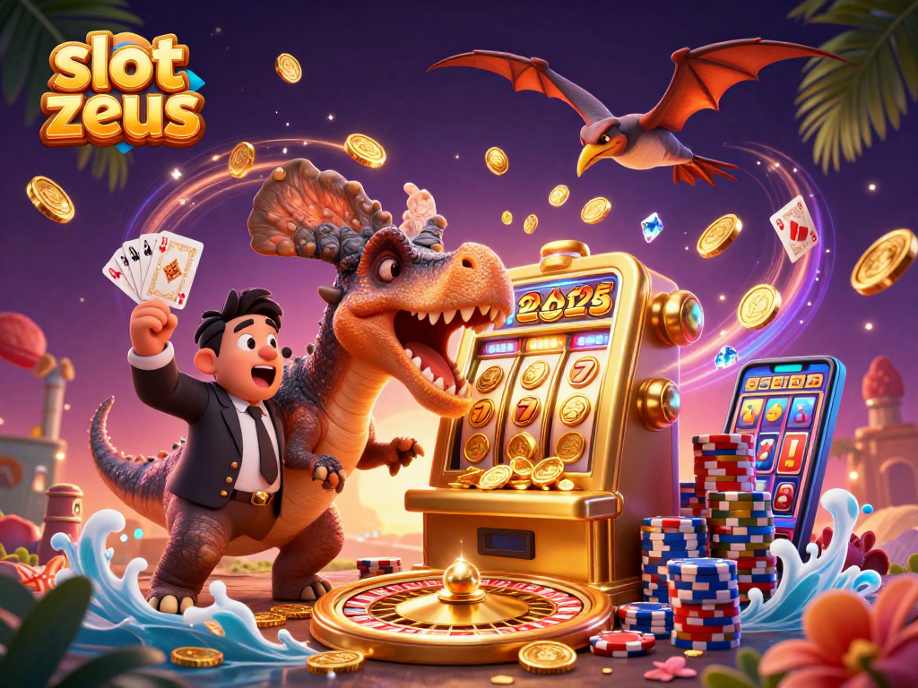 Experience the thrilling slot zeus adventure as characters interact with a golden slot machine and coins fly around.