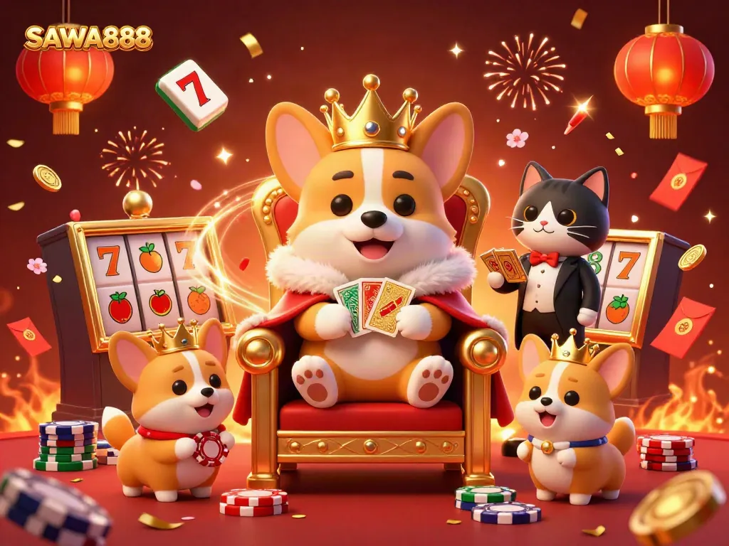 SAWA888 brings luck to players with a vibrant 3D casino scene full of celebration and fortune.