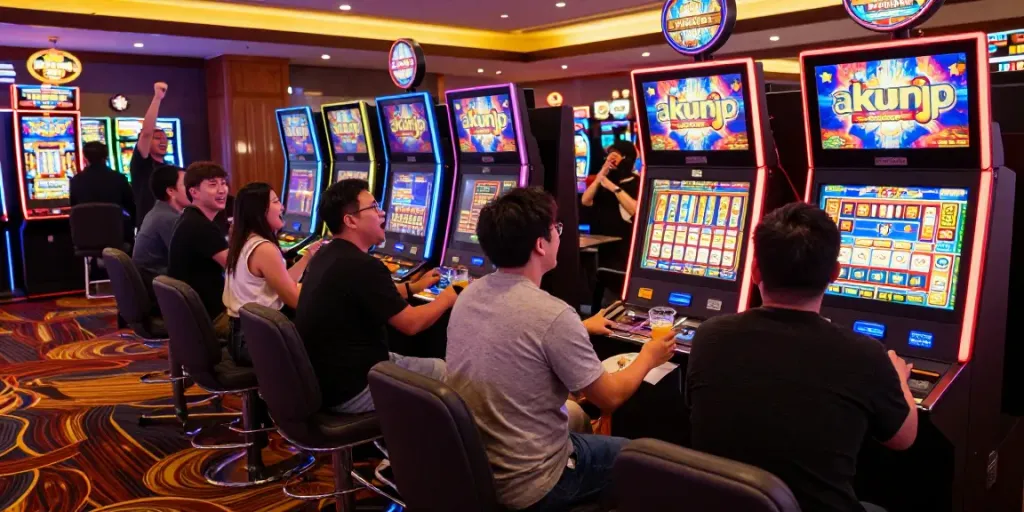 Exciting casino scene featuring players around the akunjp slot machine.