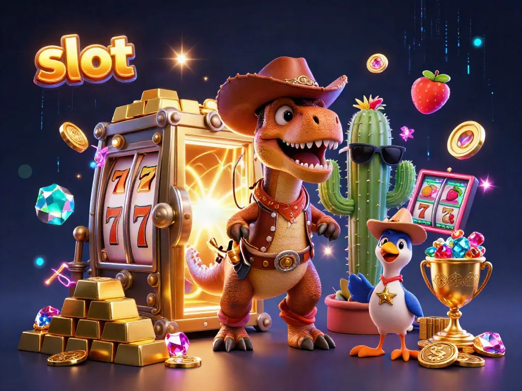 Slot yang menghibur dengan karakter dinosaurus dan simbol buah yang meriah.