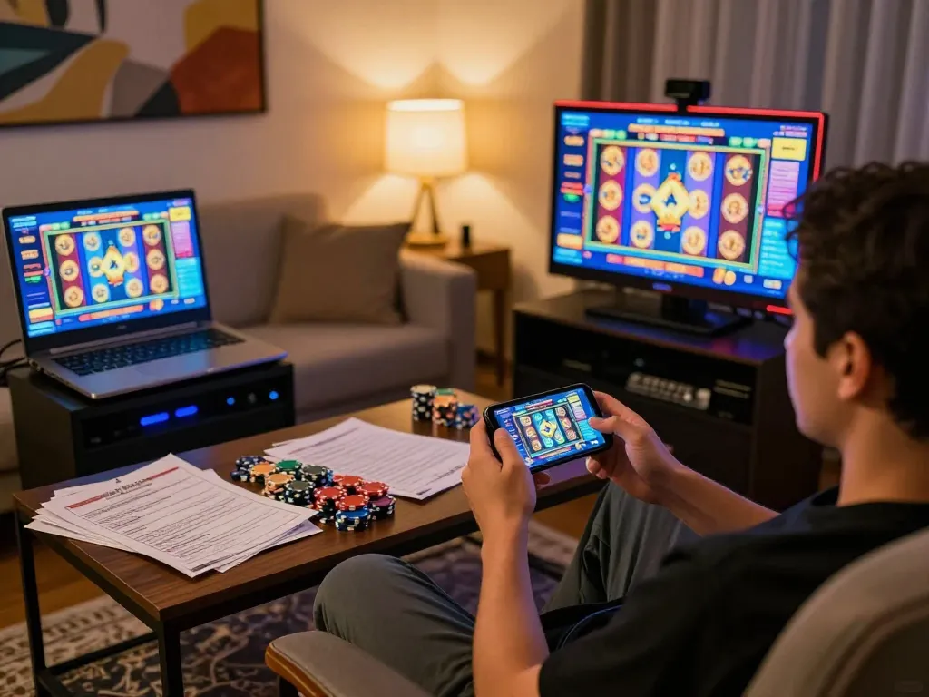 Engaging gameplay of slot gacor on a smartphone in a cozy home gaming setup.
