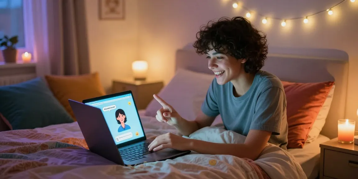 Engaging sexting AI chat on a cozy bedroom laptop, showcasing warmth and intimacy.