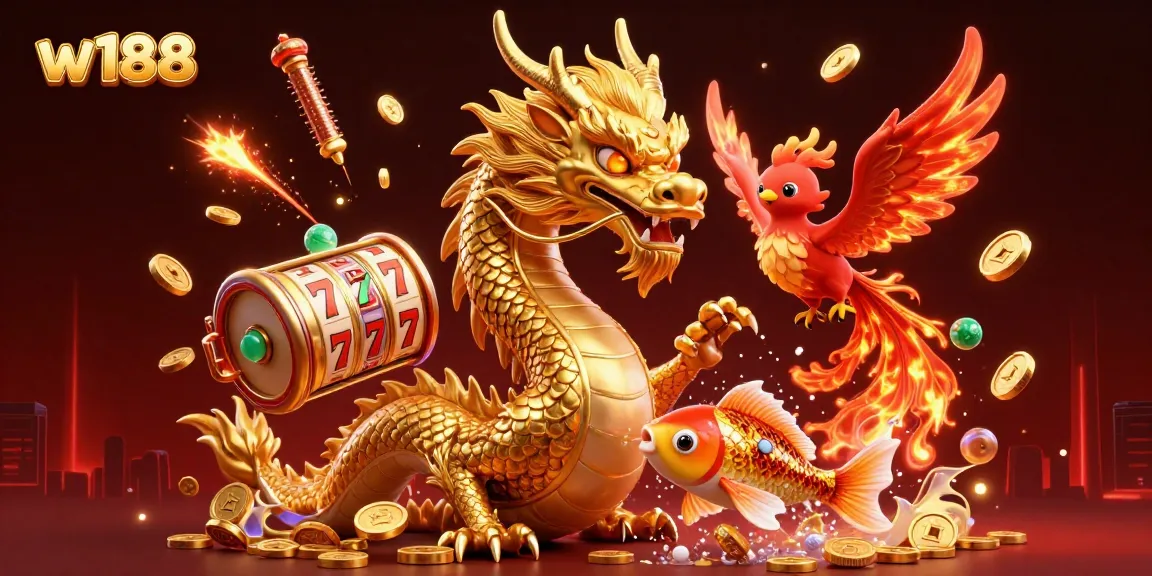 Experience thrilling slots with w188 featuring a golden dragon, koi fish, and vibrant 3D elements.