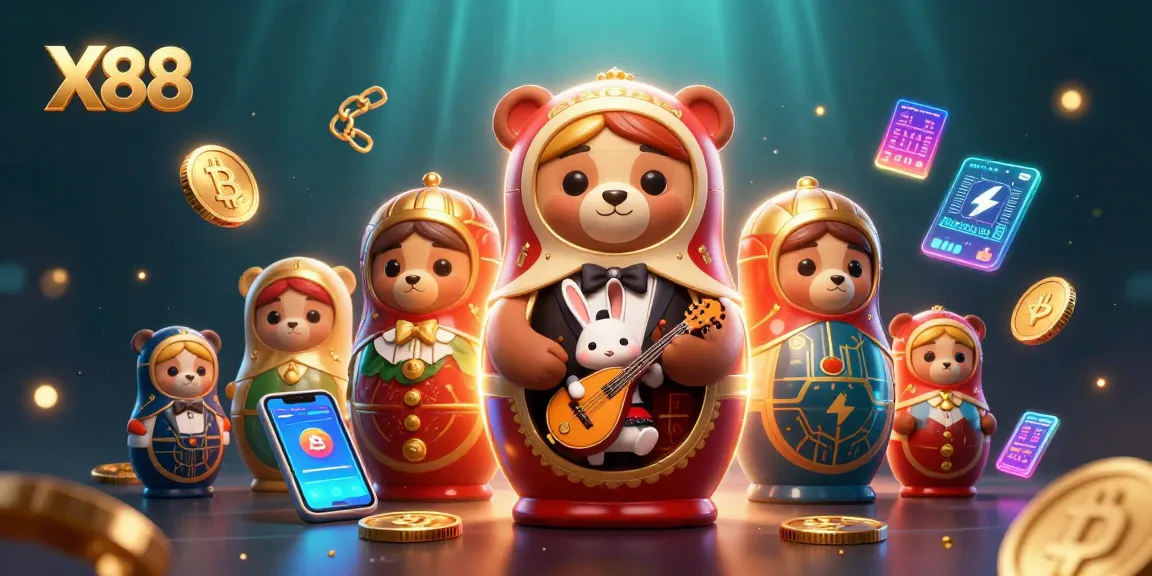 Engage with X88's vibrant casino scene, showcasing charming characters and crypto elements.