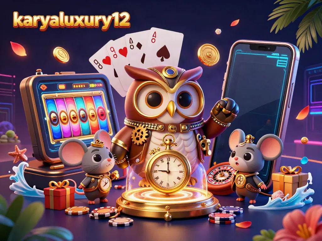 Engage in thrilling games at karyaluxury12 with a vibrant scene showcasing a time-traveler owl and dynamic casino elements.