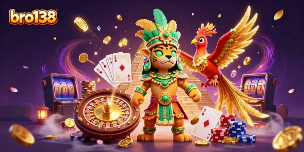 Watch bro138 jackpots spin with vibrant games and prizes in a stunning 3D casino scene.