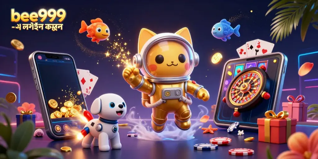 Join the excitement of bee999 -এ লগইন করুন with a vibrant galactic casino scene.
