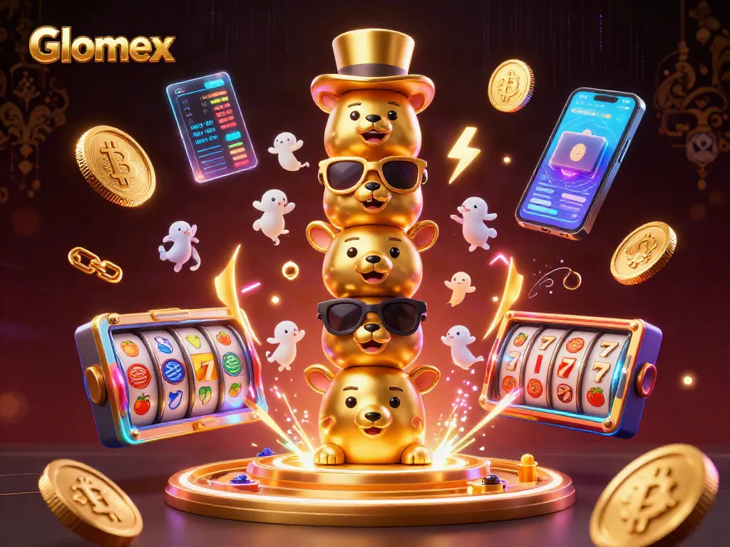Spin the reels of Glomex's gaming excitement with vibrant symbols and cryptocurrency elements.