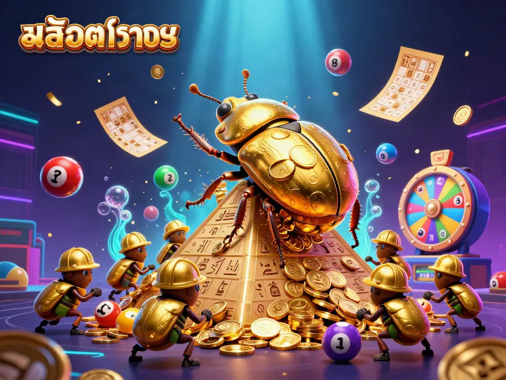 Engage with สล็อตทดลอง through a vibrant scene of golden beetles rolling coins amidst casino elements