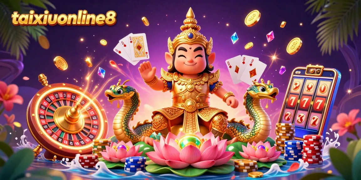 Experience thrilling Tài Xỉu gameplay with taixiuonline8's vibrant casino elements and characters.