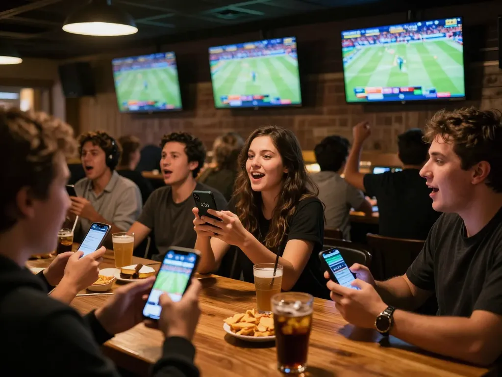 Engaged sports bettors using m121 apps while watching live games in a bustling bar atmosphere