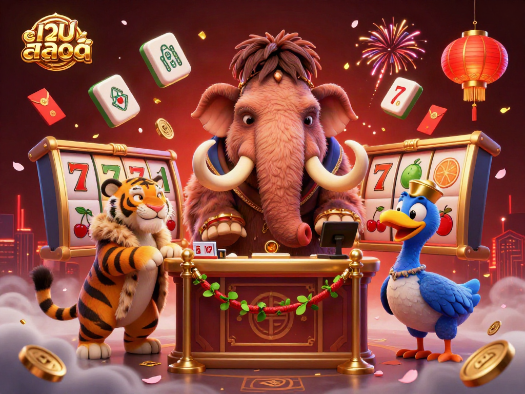 Experience เว็บสล็อต excitement with a dynamic scene featuring a woolly mammoth bouncer and vibrant slot reels.