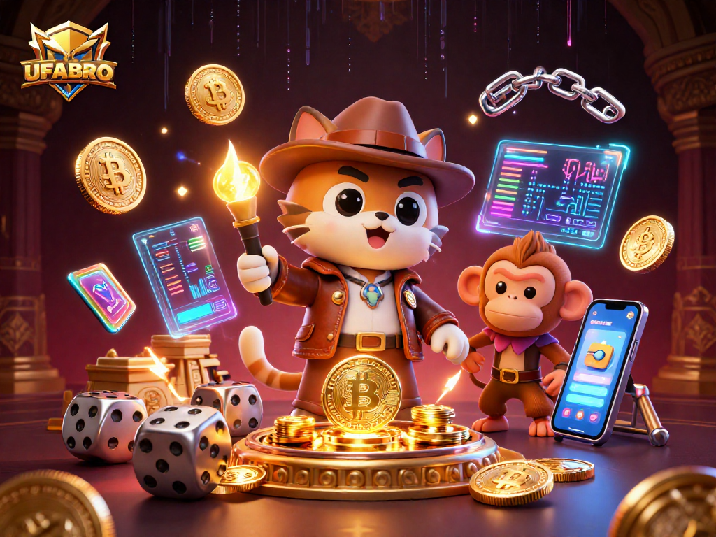 Experience thrilling wins at UFABRO with 3D explorer cat discovering casino treasures amidst vibrant digital elements.