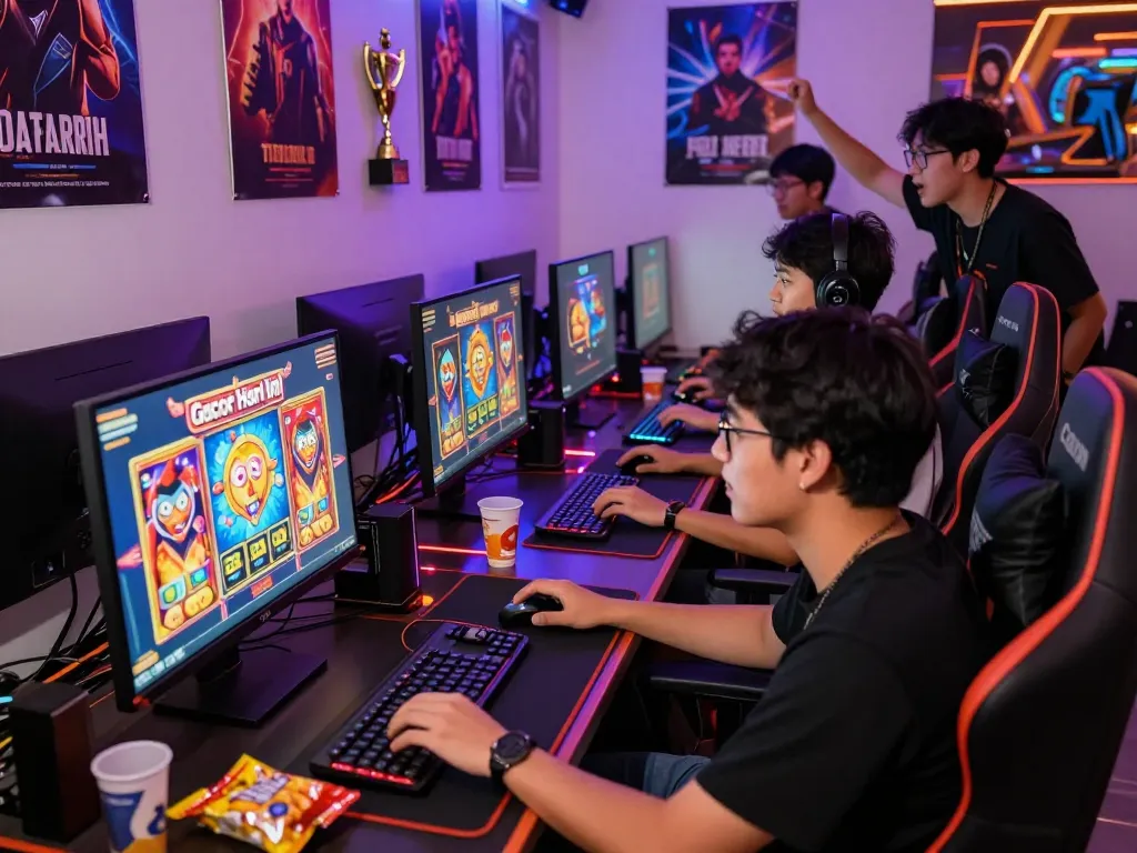 Slot gacor hari ini gaming scene with friends enjoying a lively online slot game session.