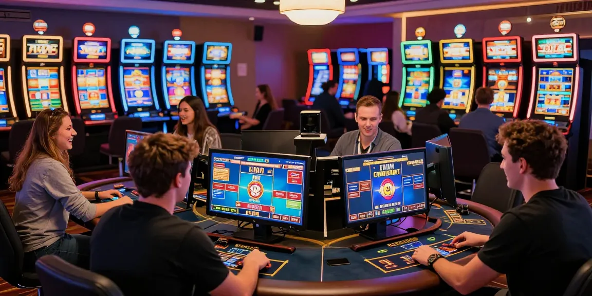 Exciting gaming scene at credit card casinos like https://fimltd.co.uk showcasing players, vibrant slot machines, and diverse gameplay.