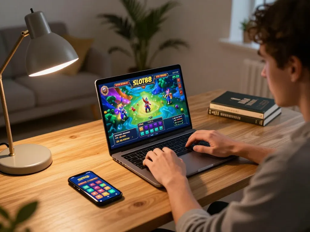 Engaging player enjoying Slot88 gameplay on a laptop with vibrant graphics displayed.