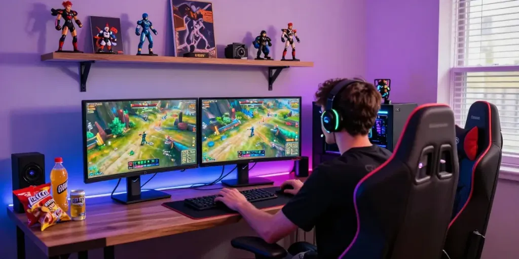 Hotwin88 gaming excitement, immersive player environment with vibrant setup and multiple monitors.