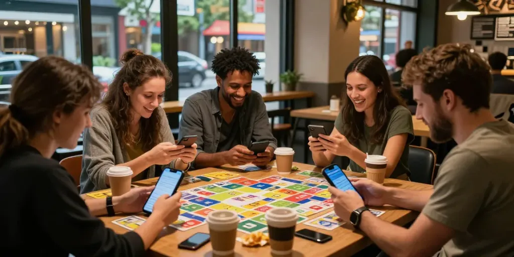 Players enjoying Rumble Rummy in a cozy café setting, showcasing mobile gameplay and vibrant interactions.