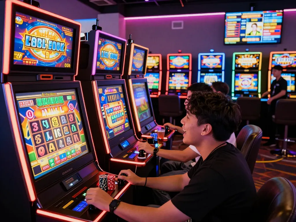 Pemain yang bersemangat di mesin slot online gacor di lounge permainan yang cerah.