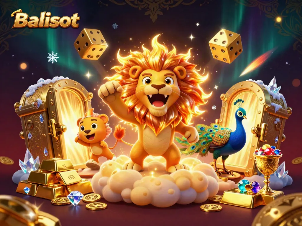 Experience the excitement of Balislot with a roaring sun lion and golden treasures in a vibrant 3D scene.