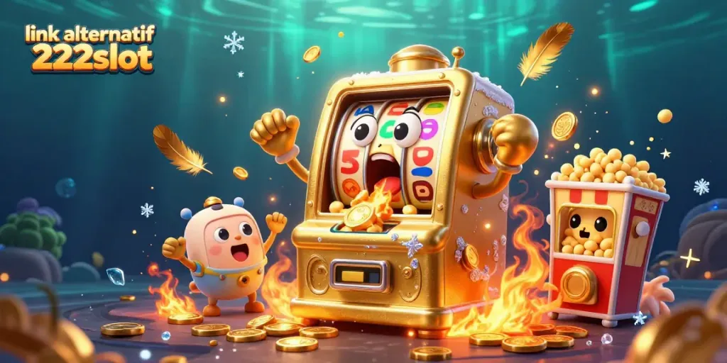 Permainan slot mengasyikkan dengan link alternatif 222slot yang menampilkan mesin slot emas beraksi.