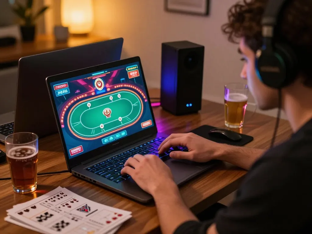 Engaged player strategizing at online casinos in Canada with laptop and poker game interface
