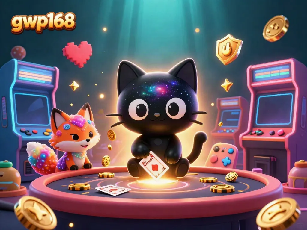 GWP168 menangkap pengalaman bermain dengan kucing lubang hitam dan rubah nebula di meja kasino yang bersinar.