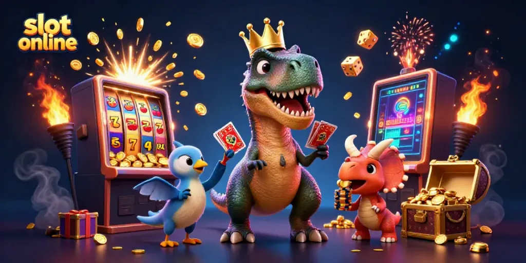 Slot online yang menarik dengan T-Rex ramah, pterodactyl, dan triceratops, dikelilingi oleh elemen permainan kasino.