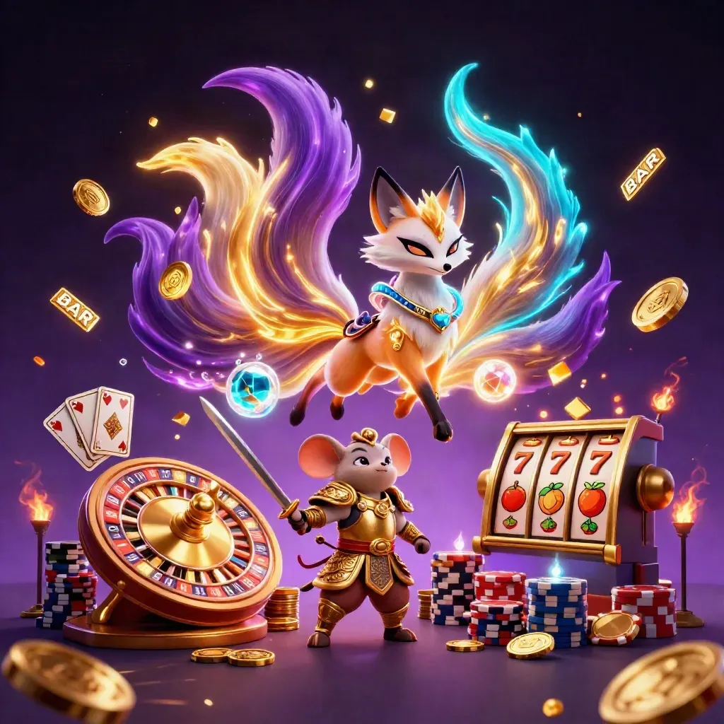 Nine-tailed fox spirit and samurai mouse amid casino loot, roulette, chips, and glowing magic