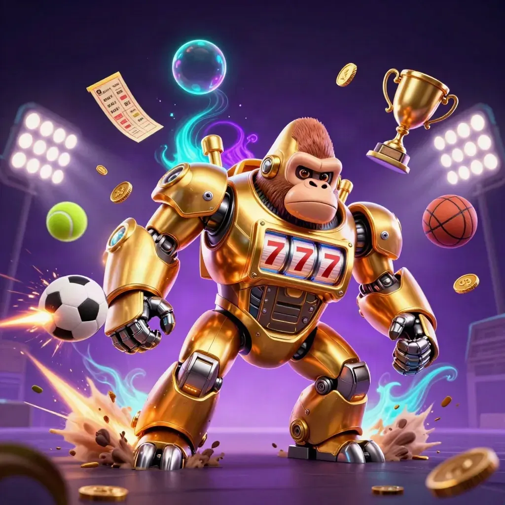 Golden gorilla mech with monkey pilot, flying sports balls, coins and floodlights in neon casino glow