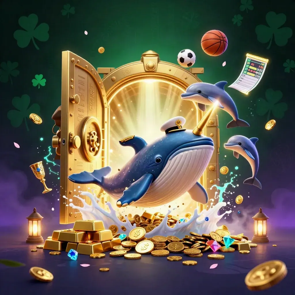 Whale captain and narwhal amid coins, vault glow, sports balls, and casino treasure