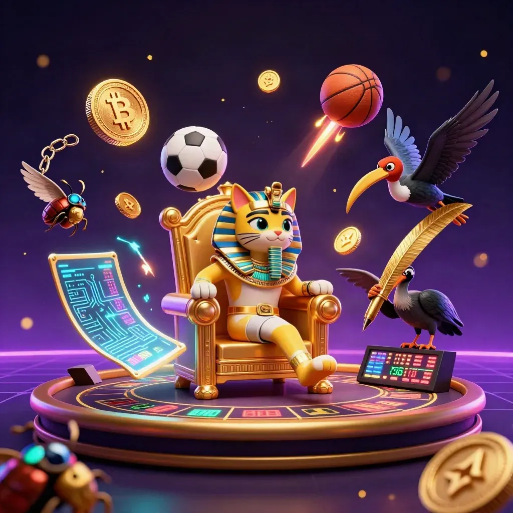 Pharaoh cat on a golden throne with ibis scribe, scarabs, and neon casino sports energy