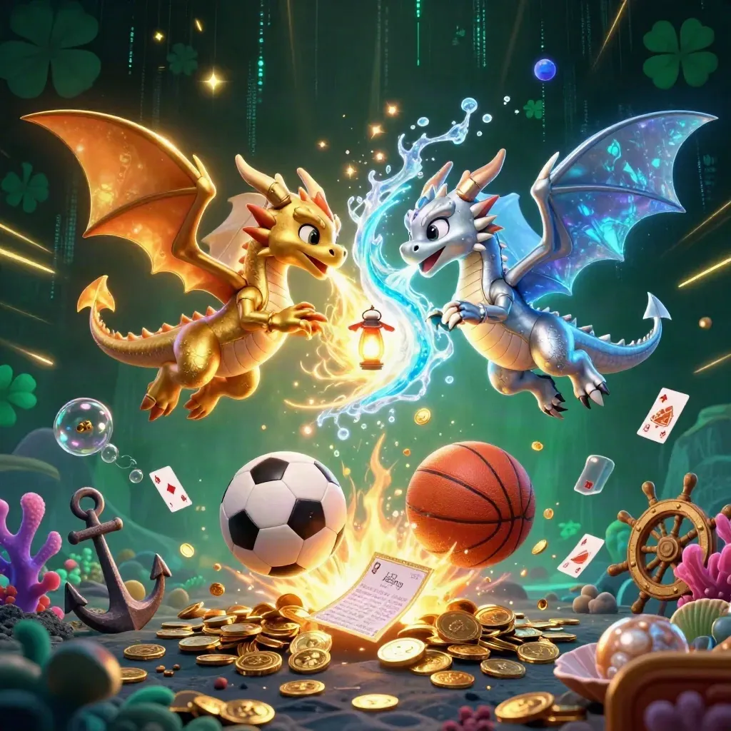 Gold and silver dragons clash over coins, coral, balls, and a glowing treasure cove.