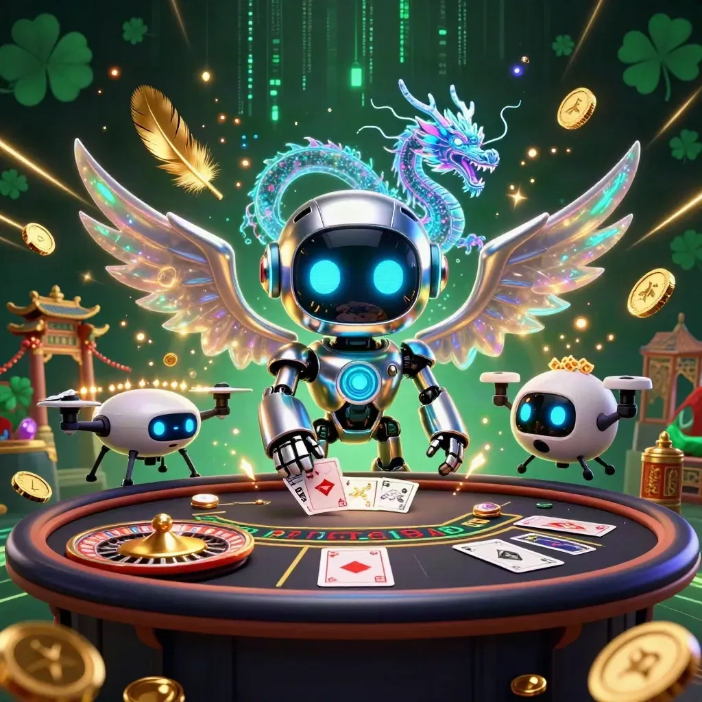Cyberpunk robot, holographic dragon and coin drone in a luxe casino scene with gold glow