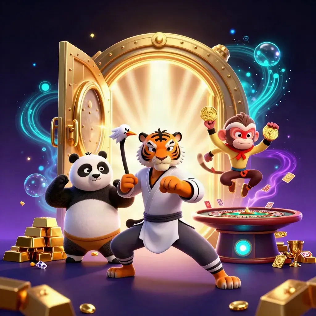 Tiger, panda, and monkey in a glowing casino vault with gold, gems, and spinning lights.