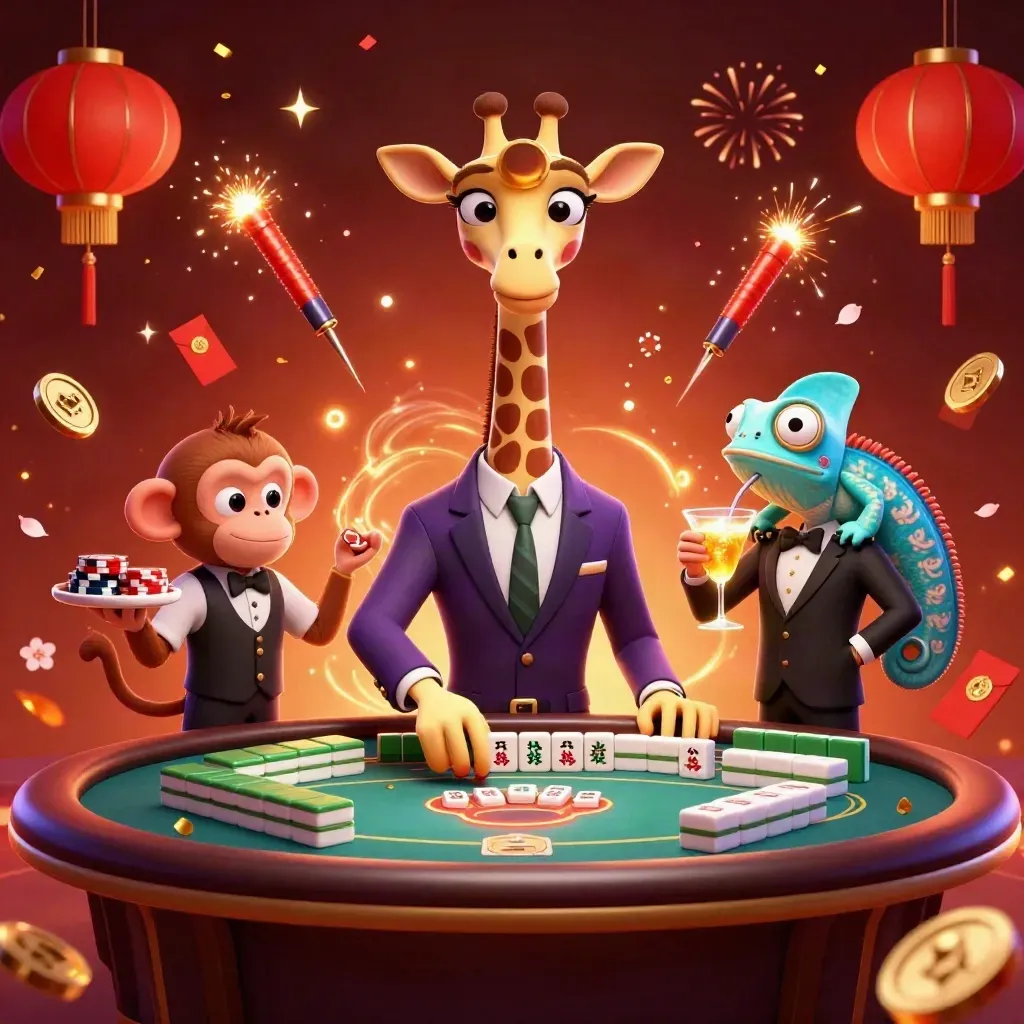 Giraffe high roller, monkey valet, and chameleon bartender amid gold casino magic and fireworks.