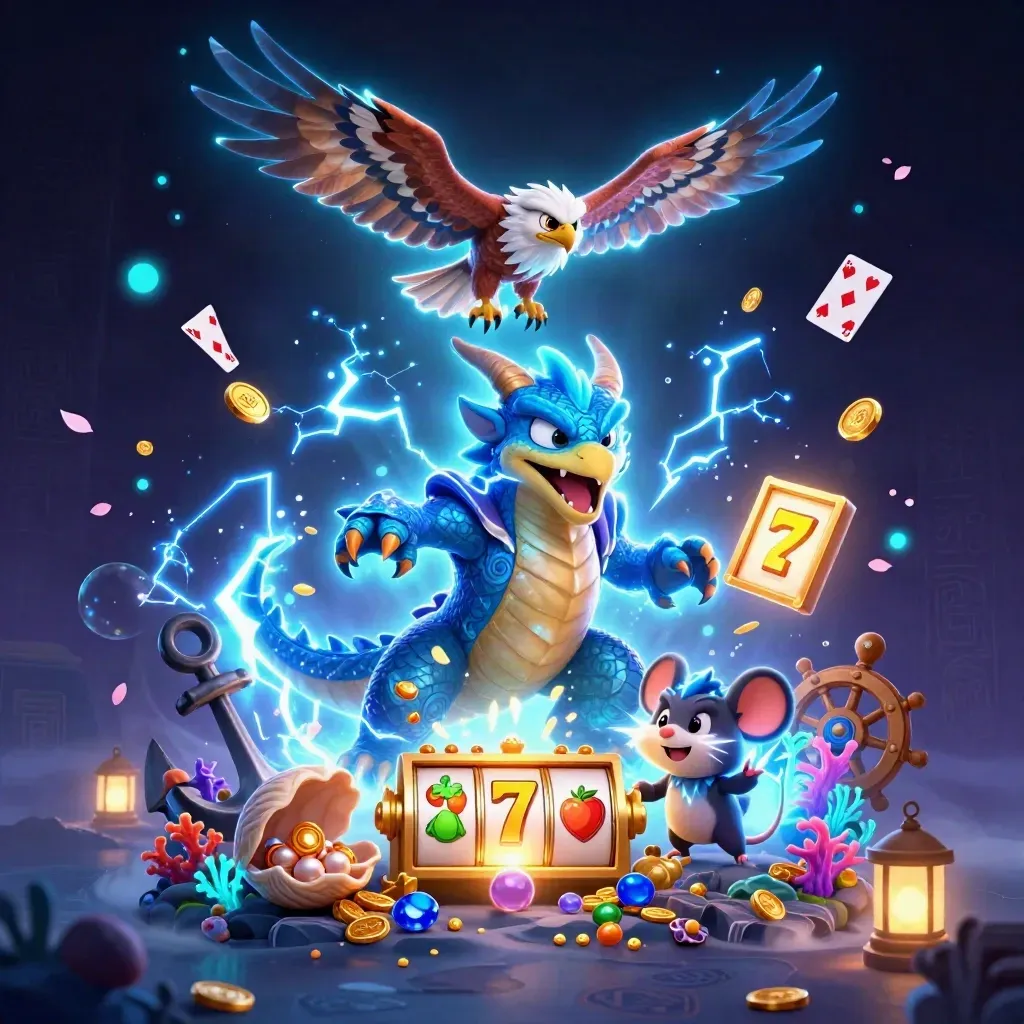 Thunder dragon, wind hawk, and crackling mouse burst through a neon treasure cove.
