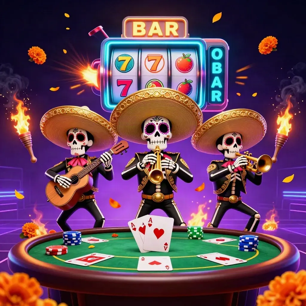Skeleton mariachi trio amid casino chips, cards, and neon gold treasure glow.