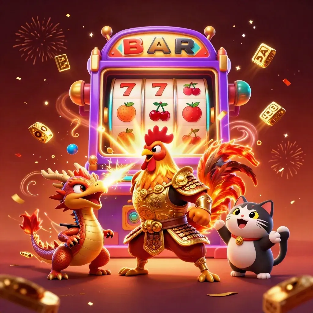 Rooster warrior, dragon hatchling, and fortune-cat amid exploding slot symbols and gold