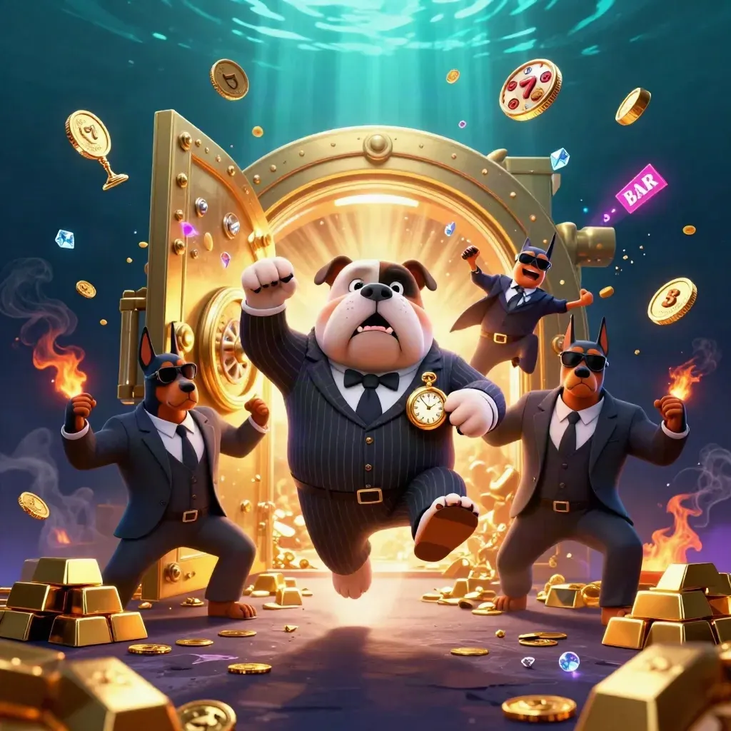Bulldog boss and Doberman guards burst from a glowing vault amid coins, gems, and slot reels.