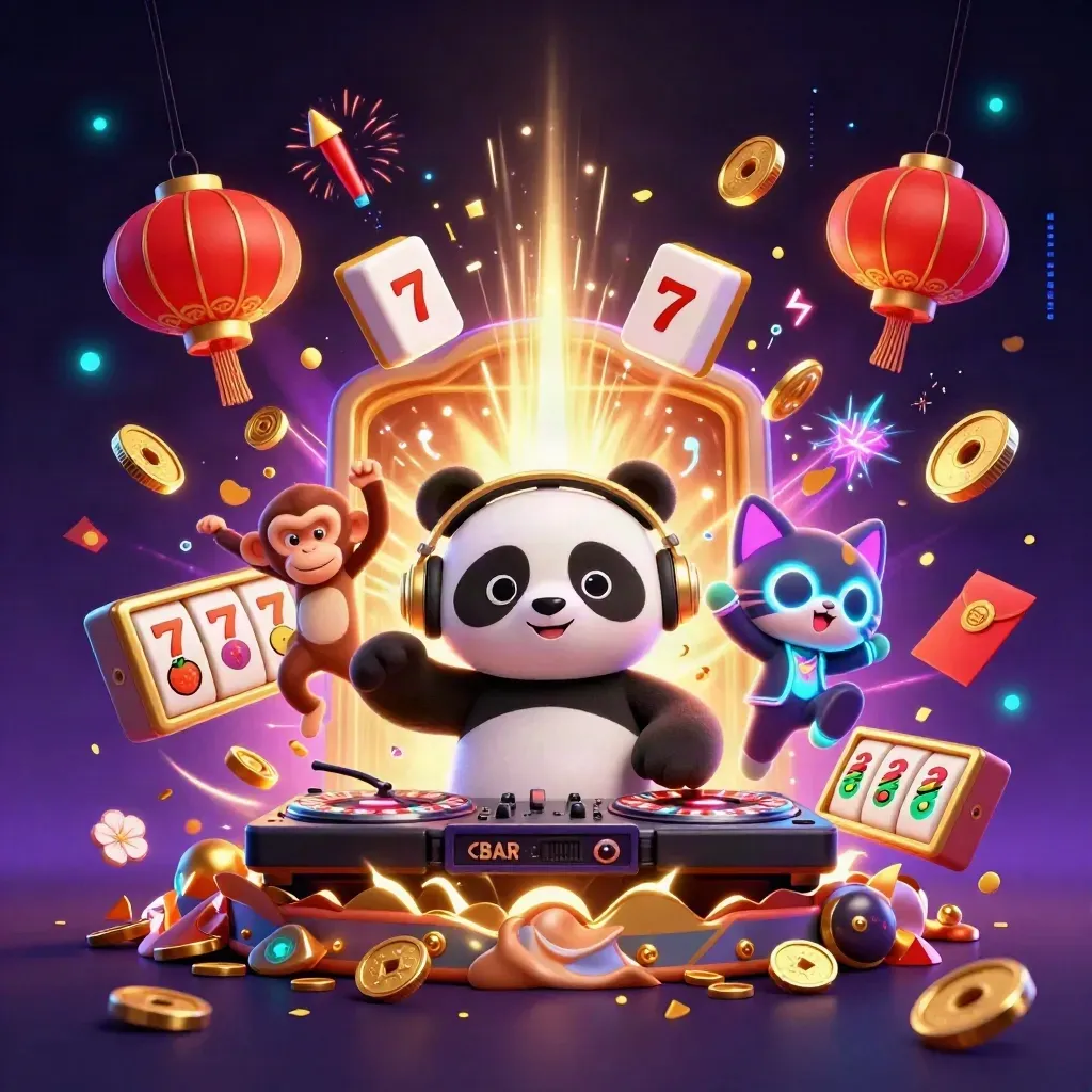 DJ panda, breakdancing monkey and glow-stick kitten amid coins, lanterns and fireworks