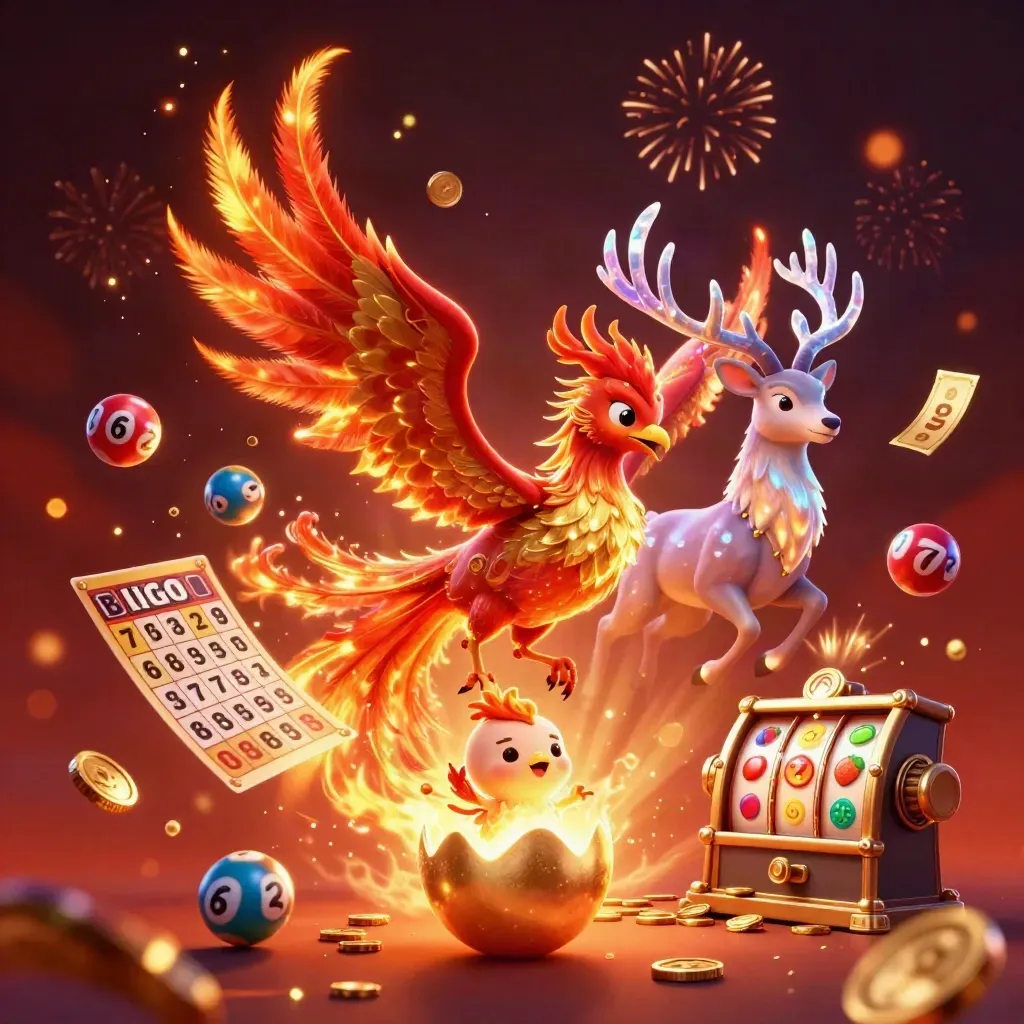 Phoenix, baby phoenix, and crystal stag amid coins, fireworks, wheels, and jackpot slot symbols.