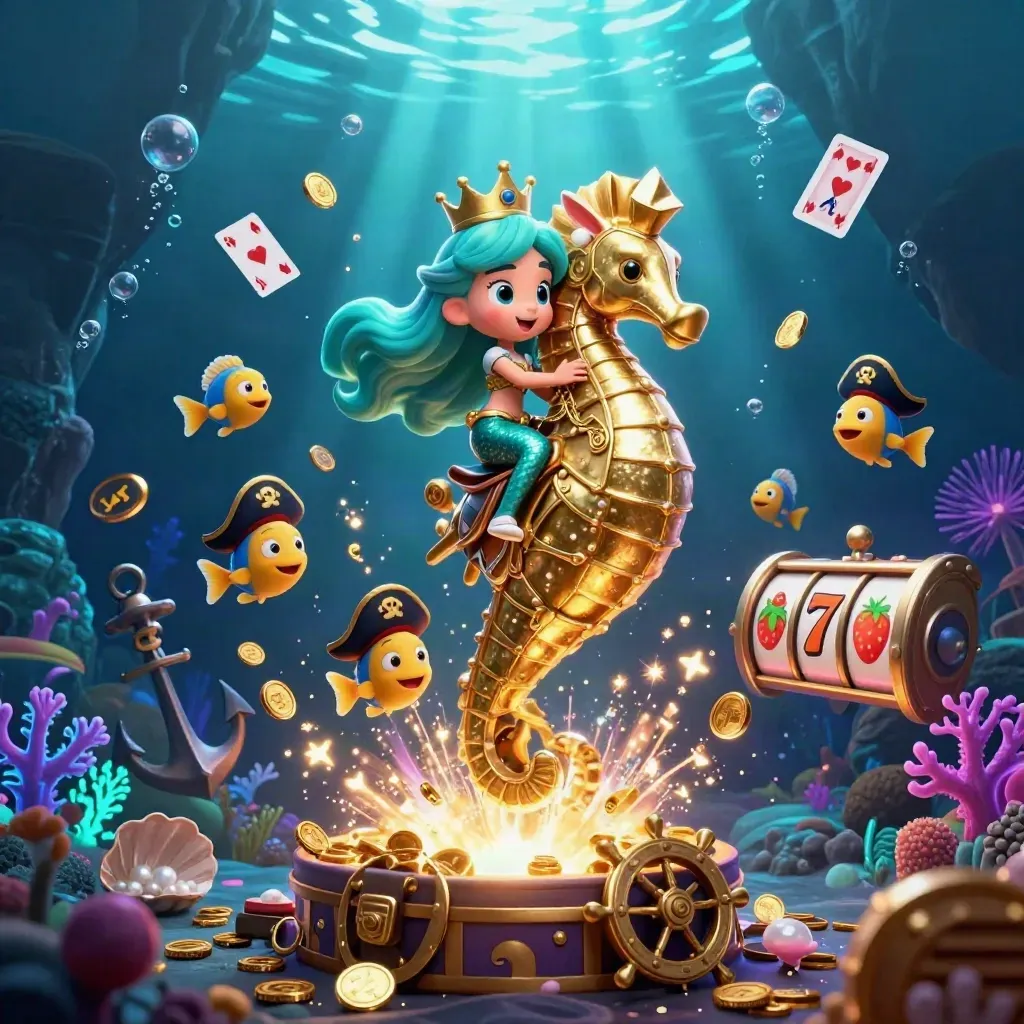 Mermaid princess on armored seahorse with pirate fish, coins, reels, and glowing underwater treasure