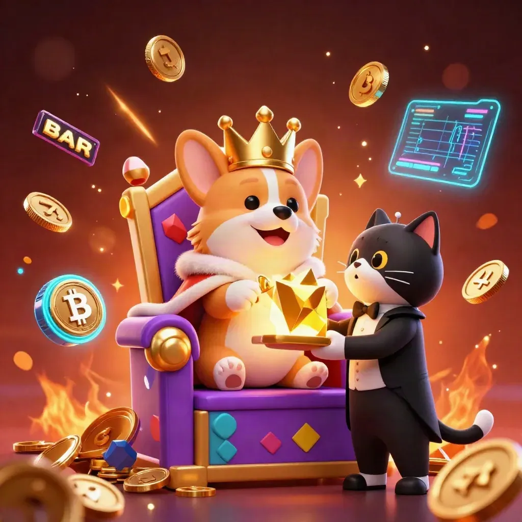 Royal corgi and cat butler amid exploding coins, reels, and glowing crypto symbols.