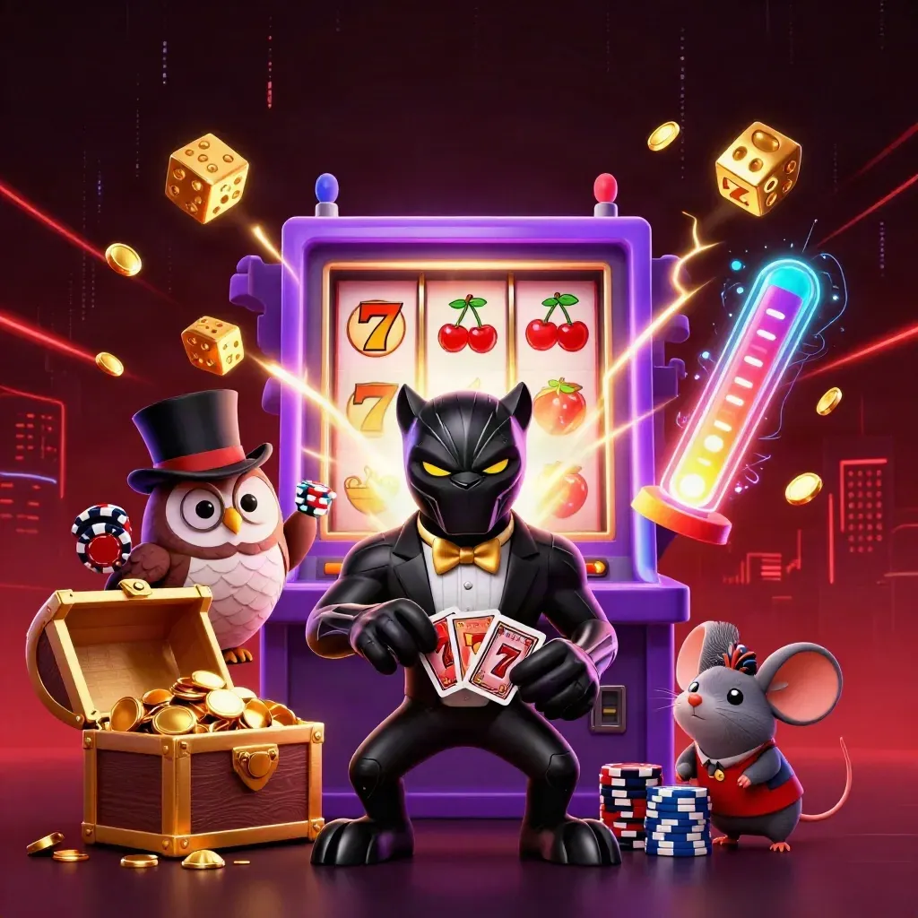 Black panther, tuxedo owl, and chip-stack mouse burst from a slot machine with gold and cyan casino glow.
